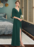 Saniya A-Line V-neck Floor-Length Chiffon Bridesmaid Dress With Ruffle Bow(s) Split Front STIP0012948