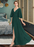 Saniya A-Line V-neck Floor-Length Chiffon Bridesmaid Dress With Ruffle Bow(s) Split Front STIP0012948