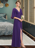 Saniya A-Line V-neck Floor-Length Chiffon Bridesmaid Dress With Ruffle Bow(s) Split Front STIP0012948