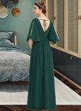 Saniya A-Line V-neck Floor-Length Chiffon Bridesmaid Dress With Ruffle Bow(s) Split Front STIP0012948