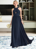 Laurel A-line V-Neck Sweep Train Chiffon Bridesmaid Dress With Ruffle STIP0012949