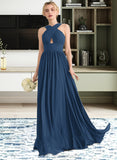 Laurel A-line V-Neck Sweep Train Chiffon Bridesmaid Dress With Ruffle STIP0012949