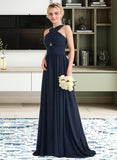 Laurel A-line V-Neck Sweep Train Chiffon Bridesmaid Dress With Ruffle STIP0012949