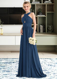 Laurel A-line V-Neck Sweep Train Chiffon Bridesmaid Dress With Ruffle STIP0012949