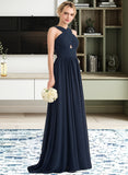 Laurel A-line V-Neck Sweep Train Chiffon Bridesmaid Dress With Ruffle STIP0012949