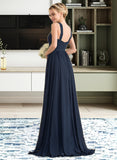 Laurel A-line V-Neck Sweep Train Chiffon Bridesmaid Dress With Ruffle STIP0012949