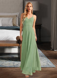 Ginny A-Line V-neck Floor-Length Bridesmaid Dress With Beading Sequins STIP0012950