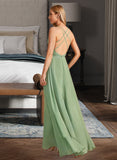 Ginny A-Line V-neck Floor-Length Bridesmaid Dress With Beading Sequins STIP0012950