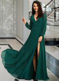 Carla A-Line V-neck Floor-Length Bridesmaid Dress With Split Front STIP0012953