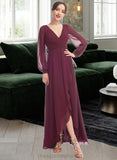 Elva A-Line V-neck Asymmetrical Bridesmaid Dress With Ruffle STIP0012954