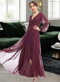 Elva A-Line V-neck Asymmetrical Bridesmaid Dress With Ruffle STIP0012954