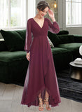 Elva A-Line V-neck Asymmetrical Bridesmaid Dress With Ruffle STIP0012954