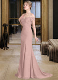 Zaria Trumpet/Mermaid Off the Shoulder Court Train Chiffon Lace Bridesmaid Dress With Sequins STIP0012955