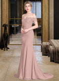 Zaria Trumpet/Mermaid Off the Shoulder Court Train Chiffon Lace Bridesmaid Dress With Sequins STIP0012955