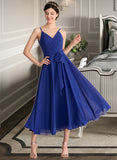 Tatum A-Line V-neck Tea-Length Chiffon Bridesmaid Dress With Ruffle Bow(s) STIP0012958