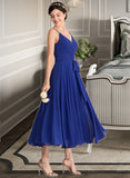 Tatum A-Line V-neck Tea-Length Chiffon Bridesmaid Dress With Ruffle Bow(s) STIP0012958