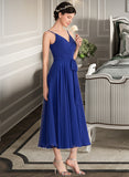 Tatum A-Line V-neck Tea-Length Chiffon Bridesmaid Dress With Ruffle Bow(s) STIP0012958