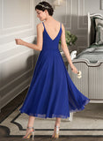 Tatum A-Line V-neck Tea-Length Chiffon Bridesmaid Dress With Ruffle Bow(s) STIP0012958