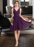 Elaina A-Line V-neck Knee-Length Chiffon Lace Bridesmaid Dress With Ruffle STIP0012964