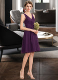 Elaina A-Line V-neck Knee-Length Chiffon Lace Bridesmaid Dress With Ruffle STIP0012964