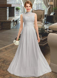 Dayanara A-line High Neck Floor-Length Chiffon Lace Bridesmaid Dress With Ruffle STIP0012966