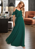 Aubrie A-Line V-neck Floor-Length Bridesmaid Dress With Ruffle STIP0012970