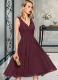 Jemima A-Line V-neck Knee-Length Chiffon Bridesmaid Dress With Ruffle STIP0012973