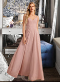 Selena A-Line V-neck Floor-Length Bridesmaid Dress With Lace STIP0012975