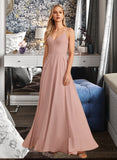 Selena A-Line V-neck Floor-Length Bridesmaid Dress With Lace STIP0012975