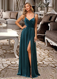 Essence A-Line V-neck Floor-Length Bridesmaid Dress With Split Front STIP0012978