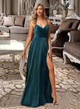 Essence A-Line V-neck Floor-Length Bridesmaid Dress With Split Front STIP0012978