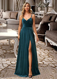 Essence A-Line V-neck Floor-Length Bridesmaid Dress With Split Front STIP0012978