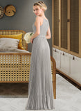 Ellie A-Line Scoop Neck Floor-Length Chiffon Lace Bridesmaid Dress With Pleated STIP0012980