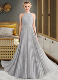 Ellie A-Line Scoop Neck Floor-Length Chiffon Lace Bridesmaid Dress With Pleated STIP0012980