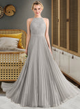 Ellie A-Line Scoop Neck Floor-Length Chiffon Lace Bridesmaid Dress With Pleated STIP0012980