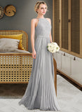 Ellie A-Line Scoop Neck Floor-Length Chiffon Lace Bridesmaid Dress With Pleated STIP0012980