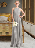 Ellie A-Line Scoop Neck Floor-Length Chiffon Lace Bridesmaid Dress With Pleated STIP0012980