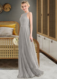 Ellie A-Line Scoop Neck Floor-Length Chiffon Lace Bridesmaid Dress With Pleated STIP0012980