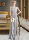 Ellie A-Line Scoop Neck Floor-Length Chiffon Lace Bridesmaid Dress With Pleated STIP0012980