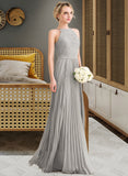 Ellie A-Line Scoop Neck Floor-Length Chiffon Lace Bridesmaid Dress With Pleated STIP0012980