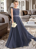 Yareli A-Line Scoop Neck Floor-Length Chiffon Lace Bridesmaid Dress With Bow(s) STIP0012984