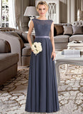 Yareli A-Line Scoop Neck Floor-Length Chiffon Lace Bridesmaid Dress With Bow(s) STIP0012984