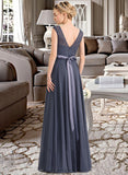 Yareli A-Line Scoop Neck Floor-Length Chiffon Lace Bridesmaid Dress With Bow(s) STIP0012984