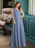 Kassandra A-Line One-Shoulder Floor-Length Bridesmaid Dress With Bow(s) STIP0012985