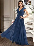 Macy A-Line V-neck Floor-Length Bridesmaid Dress With Ruffle STIP0012986