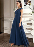 Macy A-Line V-neck Floor-Length Bridesmaid Dress With Ruffle STIP0012986