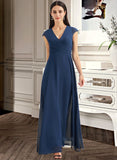 Macy A-Line V-neck Floor-Length Bridesmaid Dress With Ruffle STIP0012986