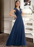 Macy A-Line V-neck Floor-Length Bridesmaid Dress With Ruffle STIP0012986