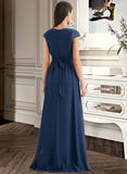 Macy A-Line V-neck Floor-Length Bridesmaid Dress With Ruffle STIP0012986