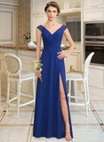 Averie A-Line V-neck Floor-Length Chiffon Lace Bridesmaid Dress With Ruffle Split Front STIP0012988